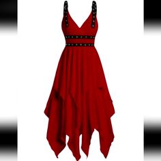 This Is A Beautiful Handkerchief Red Dress With Adjustable Straps With Grommets, Not See Thru No Need For Slip, It Is Not Light Weight Has Some Thickness & Durable, Side Zipper Please Note The Size Is Large But Has Medium Sizes In The Chart As Pictured Above. Has Some Stretch, Polyester & Spandex. Brand New Cheap Dresses Casual, Punk Dress, Asymmetrical Midi Dress, Grunge Dress, Handkerchief Dress, Elegant Gothic, Gothic Vintage, Plunging Neck, Plain Color