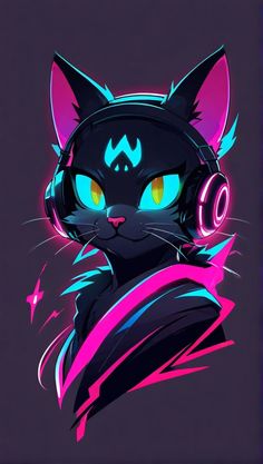 a black cat with headphones on its ears and glowing eyes, in front of a purple background