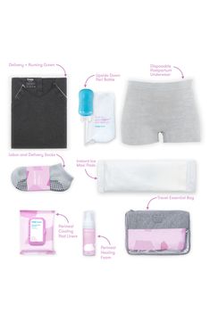 the contents of a diaper bag and its contents are labeled in pink, white, and blue