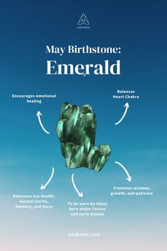 Known for its physical benefits and metaphysical healing properties, it is cherished as a beautiful gem and a symbol of love and rebirth, enhancing our connection with the heart chakra. Visit our blog to learn more about the emerald birthstone and what it means for you if you were born in May! Birthstone Meanings, Socials Aesthetic, Zodiac Gemstones, Zodiac Icons, Zodiac Flowers, Crystal Grimoire, May Gemini, Birthstones Meanings