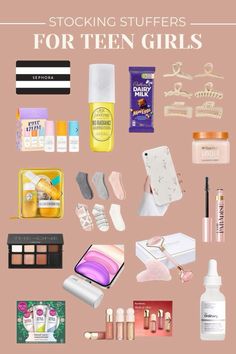 the top ten stocking stuff for teen girls on pink background with text overlay