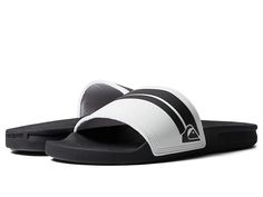 Quiksilver Rivi Slide - Men's Slide Shoes : White/Black/White : From beach to backyard, hook your style up with the crucial comfort of the Quiksilver Rivi Slide sandals! Slides in a cushioned silhouette. Water-friendly soft TPR upper with comfortable microfiber liner. Ultra-soft Hydrobound footbed with anatomically correct contours for all-day comfort. Slip-resistant outsole offers grippy traction and long-lasting wear. Imported. Measurements: Weight: 6.6 oz Product measurements were taken using White Synthetic Sport Sandals For Beach Season, Beach Flip Flops, Synthetic Material, Lightweight Synthetic Flip Flops For Beach, Comfortable Lightweight White Sport Sandals, White Sport Sandals With Cushioned Footbed, Lightweight White Slip-on Sport Sandals, Lightweight Slides With Cushioned Footbed For Vacation, Lightweight Cushioned Slides For Vacation, Lightweight White Sandals For Beach