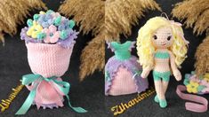 three crocheted dolls sitting next to each other in front of some fake grass