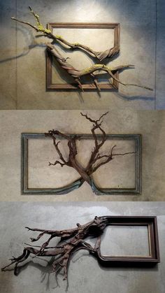 three different frames with branches hanging on them