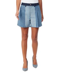 Playful with a touch of polish, these Gloria Vanderbilt shorts accent a patchwork of denim washes with stylish pleats. Approx. model height is 5'9" and she is wearing a size 8 Approx. inseam: 5" High rise; approx. 12" Zipper and button closure; belt loops Pleats at front Cotton/polyester/viscose/spandex Machine washable Imported Denim Washes, Le Suit, Christian Siriano, Karl Lagerfeld Paris, Gloria Vanderbilt, Matching Family Outfits, Family Outfits, Sleeves (women), Denim Wash