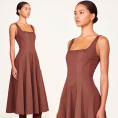 The Gorgeous Staud Wells Midi Dress Reimagines Old Hollywood Glamour With Its Figure-Flattering, Corset-Style Bodice & Pleated A-Line Skirt. In Mahogany, A Rich Shade Of Dark Chocolate Brown, The Elegant Skirt Is A Perfect Length For Special Occasion Wear, While The Fitted Top Is Sure To Get You Noticed. Pair With Your Favorite Accessories & Heeled Sandals For A Chic Cocktail Look. Featuring A Square Neckline & A Concealed Back Zipper. Made Of Lightweight Cotton Poplin With Some Stretch, 98% Cot Brown A-line Midi Dress For Evening, Brown A-line Cocktail Dress, Staud Sleeveless Formal Midi Dress, Staud Fitted A-line Dresses, Staud Fitted Knee-length Midi Dress, Fitted Knee-length Staud Midi Dress, Staud A-line Evening Dress, Brown A-line Maxi Dress For Formal Occasions, Formal Brown A-line Maxi Dress