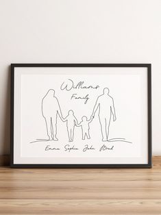 a black and white drawing of a family holding hands