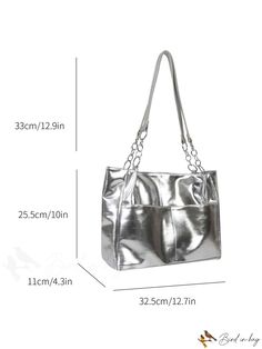 BirdinBag - Premium Metallic Shoulder Tote Casual Silver Bag For Shopping, Silver Rectangular Shoulder Bag For Errands, Silver Casual Shopping Bag, Casual Silver Shopping Bag, Large Capacity Silver Shoulder Bag For Errands, Silver Large Capacity Shoulder Bag For Errands, Casual Silver Shoulder Bag For Shopping, Casual Silver Satchel Shoulder Bag, Casual Silver Shoulder Bag With Large Capacity