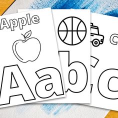 three coloring pages with the words apple, abc and c on them next to each other