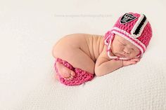 This cute little baby girl beanie Helmet is crocheted in Oakland Raiders colors black and white. It has a Raiders patch. Adorable photography prop for little baby girls! This is crocheted with quality yarn.It is made using 100% acrylic soft yarn. Care Instructions: To keep your hats looking their best, hand wash in cold water with mild soap, re-shape and let air dry ♥ Shipping I use USPS First Class with Delivery Confirmation Crochet Baby Football, Raiders Baby, Oakland Raiders Football, Gift Photography, Crochet Leg Warmers, Raiders Football, Girl Beanie, Football Baby