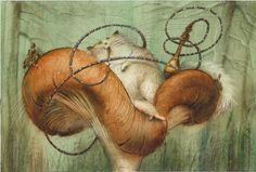 an illustration of a mouse on top of a mushroom with barbed wire around its neck