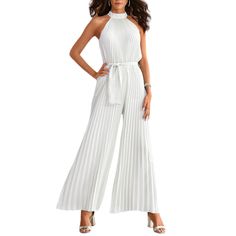 White Sleeveless Halter Belt Wide Leg Jumpsuit Elegant Strapless Halter Neck Jumpsuit For Spring, Elegant Halter Neck Strapless Jumpsuit For Spring, White Stretch Strapless Sleeveless Jumpsuit, Sleeveless Jumpsuits For Spring Party, Elegant Sleeveless Jumpsuits And Rompers For Summer, Elegant Sleeveless Summer Jumpsuits And Rompers, Spring Sleeveless Party Jumpsuit, Chic White Halter Neck Jumpsuits And Rompers, White Strapless Sleeveless Jumpsuit For Spring