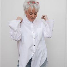 Crisp White Button Down Long Shirt, Great For Leggins Or Skinny Jeans Trendy Everyday Shirt With Button Cuffs, Chic Shirt With Button Closure And Shirttail Hem, Trendy Shirt With Shirttail Hem And Buttons, Chic Button-up Shirt For Everyday, White Shirt With Button Cuffs For Day Out, Daywear Shirt With Shirttail Hem And Buttons, Shirt With Buttons And Shirttail Hem For Daywear, Shirttail Hem Shirt For Daywear, White Shirt For Everyday