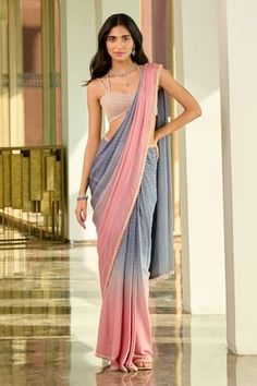 Grey, mauve pink ombre pre-draped saree. Paired with a pearl, glass bead embellished blouse. - Aza Fashions Pre Pleated Saree, Pastel Saree, Ombre Saree, Pink Sari, Drape Sarees, Pleated Saree, Outfits Indian, Rove Concepts, Beautiful Sarees