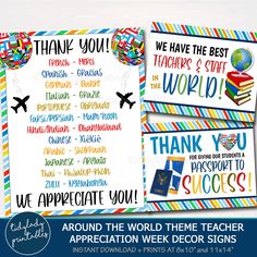 the teacher appreciation week sign and thank card are shown in rainbows, blue, green,