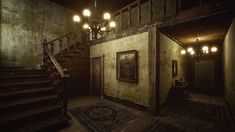 a creepy looking room with stairs and lights