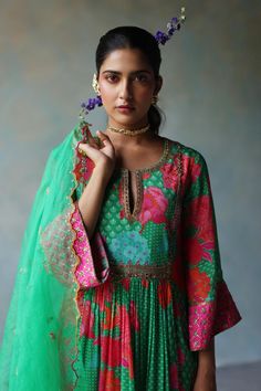 Buy Rajiramniq Green Crepe Floral Bloom Print Anarkali Palazzo Set Online | Aza Fashions Round Neck Anarkali, Pakistani Wear, Simple Kurtis, Dori Embroidery, Embroidery Dupatta, Dori Work, Eastern Fashion, Dresses Traditional, Portrait Shoot