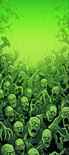 a group of zombies with green and black colors in the background, all looking like they are