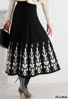 Olivia Mark - Floral Jacquard A-Line Midi Skirt and Fitted Knit Maxi Dress with Jacquard Pattern Jacquard Midi Skirt, Flared Midi Skirt, Long Dress Patterns, Knit Maxi Skirt, Midi Flare Skirt, Knit Pencil Skirt, Elegant Embroidery, Black F, Maxi Knit Dress