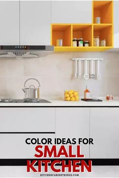 a kitchen with white cabinets and yellow shelving above the sink is featured in an ad for color ideas for small kitchen