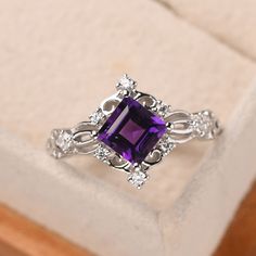 This ring features a 6*6 mm square cut natural amethyst. Customization is available. It is made by hand, and it will take about 7 days to finish the ring after your payment is completed. Main stone: 6*6 mm square cut natural amethyst Main stone weight: 1.03 ct Metal type: 925 Silver Accent stone: CZ Customization is available, just fee free to contact me, it is free to engrave inside the ring, it is free, you can leave a ntoe with your order, but it will be great no more than 13 letter. Any ques Wedding Ring Vintage, Purity Ring, Wedding Rings Vintage, Fancy Jewelry, Lovely Ring, Filigree Ring, Pretty Rings, Square Cut, Silver Accents