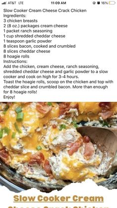 the recipe for slow cooker cream cheese chicken is shown in an advertizer