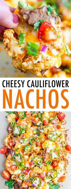 the cheesy cauliflower nachos are loaded with vegetables and cheese