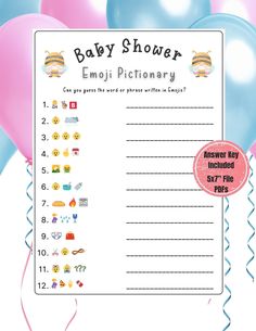 a baby shower game with balloons in the background and an emoj pictionary