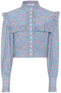 Floral Print Cotton Blouse With Collar, Cotton Floral Print Blouse For Daywear, Cotton Blouse With Floral Print And Collar, Cotton Floral Print Top With Ruffled Collar, Cotton Tops With Floral Print And Ruffled Collar, Spring Cotton Blouse With Ruffled Collar, Cotton Blouse With Ruffled Collar For Spring, Cotton Ruffle Button-up Blouse, Blue Cotton Blouse With Ruffled Collar