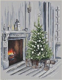 a cross stitch christmas tree in front of a fireplace