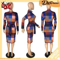 Plaid Print Long Sleeve Split Sashes Knee Length Dress Vintage Grid, Mock Neck Bodycon Dress, Winter Vintage, Neck Bodycon Dress, Plaid Print, Knee Length Dress, Plaid Pattern, Mock Neck, Color Block