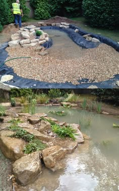 two pictures side by side, one with a pond and the other with rocks in it