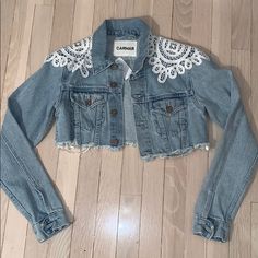 Carmar Jean Jacket With White Detailing On Both Shoulders, Super Cropped White Cropped Denim Outerwear, Cropped Jean Jacket, Crop Jean Jacket, Saved Pins, Clothes Crafts, Jean Jackets, Jean Outfits, Cropped Jeans, Custom Clothes