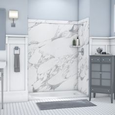 a bathroom with white and gray walls and marble flooring on the shower, toilet and sink