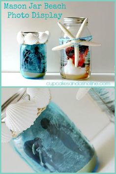 mason jar beach photo display with seashells and starfish in it for decoration