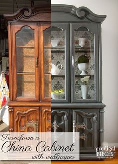 an old china cabinet has been refinished with chalk paint and new wood trim