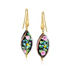 Ross-Simons - Italian Multicolored Murano Glass Floral Drop Earrings Over Sterling. Handcrafted in Italy, these floral drop earrings are wearable pieces of art. Murano glass beads feature vivid multicolored florals on a backdrop of black and rose gold. Crafted in 18kt yellow gold over sterling silver. Handmade Murano glass designs are unique and may vary. Hanging length is 1 7/8". Earwire, multicolored Murano glass floral drop earrings. Black And Rose Gold, Glass Designs, Murano Glass Beads, Timeless Jewelry, Fine Jewellery Earrings, Sterling Earrings, Murano Glass, Metallic Silver, Women's Earrings