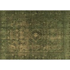 an antique rug with green and beige colors