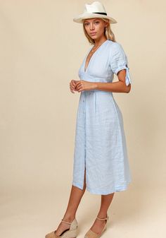 Dress Linen for Women - White, Aqua, Blue, Green All 100% Natural Ital – Claudio Milano Chic V-neck Midi Dress With Button Closure, Elegant V-neck Dress With Buttons For Spring, Fitted V-neck Midi Dress With Button Cuffs, Fitted V-neck Linen Dress With Buttons, Fitted V-neck Dress With Buttons For Spring, Light Blue V-neck Midi Dress, Chic Linen Dress With Button Closure For Day Out, Elegant Midi-length V-neck Dress With Buttons, Elegant Dresses With Button Cuffs For Brunch