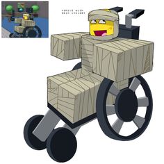 a paper model of a lego man in a carton with wheels and an arm