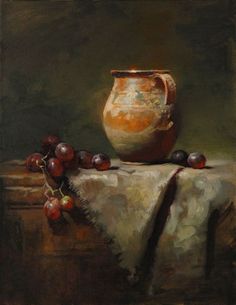 a painting of a vase and grapes on a table