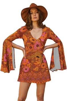 BestDealFriday Orange Jupiter Dress P1480836, Orange-(US 16-18)XL Printed Beach Dresses, Disco Outfit, Wholesale Dress, Fit Inspo, Floral Mini Dress, Beach Dress, Fall Dresses, Online Womens Clothing, Boho Dress