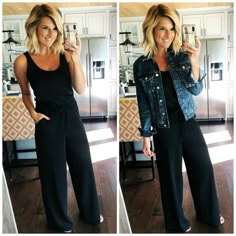 May Outfits Casual Classy, Jumpsuit Outfit For Work, Jumpsuit And Denim Jacket Outfit, Comfortable Spring Outfits Casual, Express Clothing Outfits, Black Jumpsuit With Jean Jacket, Buissnes Casual Outfits Woman Spring, Jacket Over Jumpsuit, Shoes With Jumpsuit Outfit