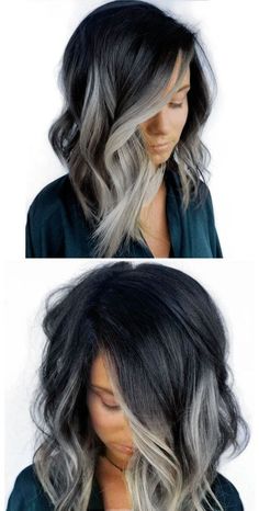 Pin by Cecil Makhoul on outfit in 2022 | Beauty hair makeup, Hair inspiration color, Dyed hair Black With Ash Grey Highlights, Gray Bayalage On Dark Hair, Black With Gray Hair, Dark With Grey Hair, Hair Melting Brown, Ashy Dark Brown Hair Balayage Short, Dark Hair With Platinum Balayage, Short Hair Color 2023 Trends Women, Silver Balayage With Money Piece