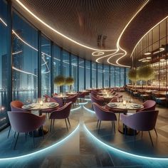 the interior of a restaurant with large windows and tables set up for formal dining in front of cityscape