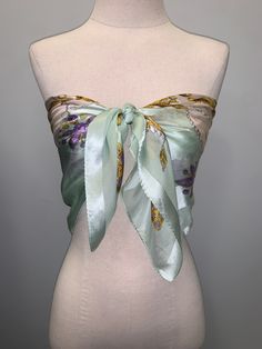 "Sheer and opaque striped mint green, white, gold and purple pearl print scarf. No damage 35\" x 35\" Made in China MARETIAL UNKNOWN" Elegant Green Scarf, One Size, Green Silk Scarf For Summer, Gold And Purple, Velvet Tank, Scarf Rings, Scarf Pin, Purple Pearl, Pearl Grey, Red Bead