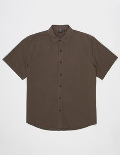 Thrills Endless Thrills Button Up Shirt. Button Front. Side Seam Flag Label. Traditional Collar Neck. Short Sleeve. 100% Cotton. Machine Wash. Imported. Solid Button-up Camp Shirt With Buttons, Brown Buttoned Top For Business Casual, Relaxed Fit Button-up Shirt With Functional Buttons, Brown Button-up Camp Shirt, Brown Button-up Short Sleeve Shirt, Brown Collared Short Sleeve Shirt With Button Closure, Business Casual Collared Short Sleeve Shirt With Buttons, Workwear Tops With Functional Buttons And Short Sleeves, Collared Short Sleeve Shirt For Business Casual