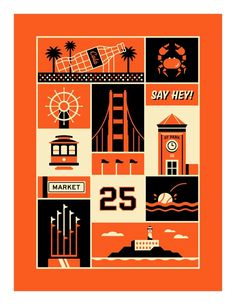 an orange poster with black and white images on it that says say hey 25 market