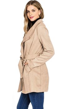 Faux-suede wrap coat with a mid thigh length, trench coat silhouette. Minimal, classic design with oversized draping lapels, slant pockets on the sides and a self-tie belt at the waist. Light weight coat effortlessly layers without looking bulking. CARE | Hand Wash Cold CONTENTS | Shell: 96% Polyester/ 4% Spandex/ Lining: 100% Polyester MEASUREMENTS | 33"/84 cm Top to Bottom MODEL | 5'8 - wearing a size S/M IMPORTED Minimal Classic, Suede Coat, Wrap Coat, Belt Tying, Medium Brown, Tie Belt, S Models, Faux Suede, Classic Design