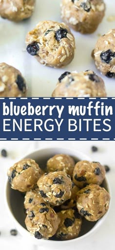 blueberry muffin energy bites in a white bowl on a table with the title above it